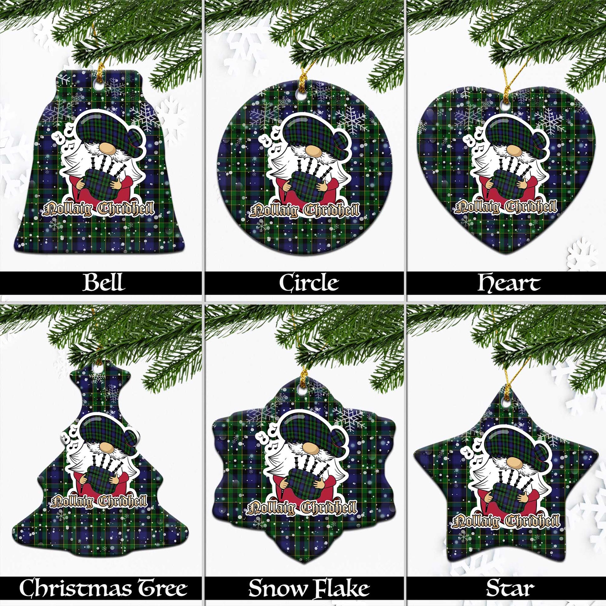 Mowat Tartan Christmas Ceramic Ornaments with Scottish Gnome Playing Bagpipes Ceramic - Tartan Vibes Clothing