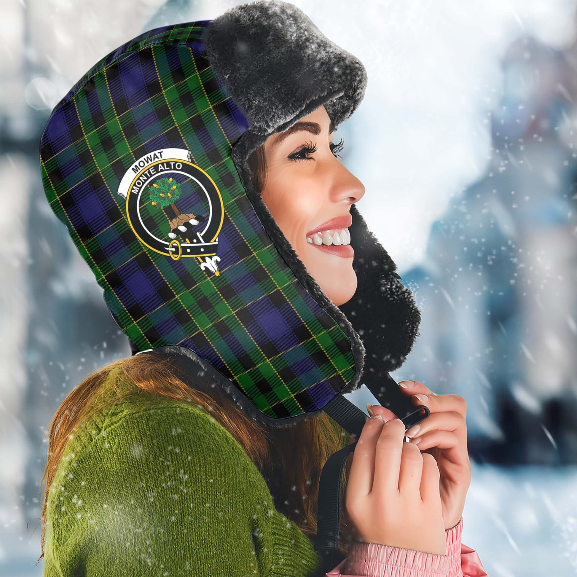 Mowat Tartan Winter Trapper Hat with Family Crest Winter Trapper Hat Universal Fit Circumference 22.8in (58cm) - Tartanvibesclothing