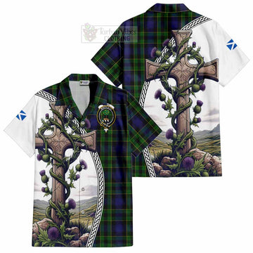 Mowat Tartan Hawaiian Shirt with Family Crest and St. Andrew's Cross Accented by Thistle Vines Kid - Tartan Vibes Clothing