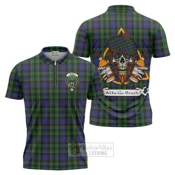 Mowat Tartan Zipper Polo Shirt with Family Crest and Bearded Skull Holding Bottles of Whiskey Unisex - Tartan Vibes Clothing
