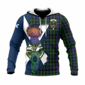 Tartan Vibes Clothing Mowat Tartan Family Crest Knitted Hoodie Scottish Thistle Celtic Inspired