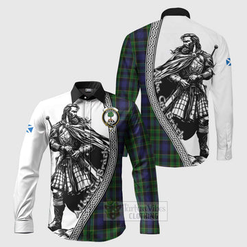 Mowat Tartan Clan Crest Long Sleeve Button Shirt with Highlander Warrior Celtic Style Men's Shirt S - Tartan Vibes Clothing