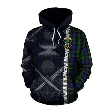 Mowat Tartan Cotton Hoodie with Family Crest Cross Sword Thistle Celtic Vibes Pullover Hoodie XS - Tartan Vibes Clothing