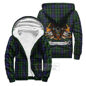 Mowat Tartan Sherpa Hoodie with Family Crest and Bearded Skull Holding Bottles of Whiskey Unisex S - Tartan Vibes Clothing