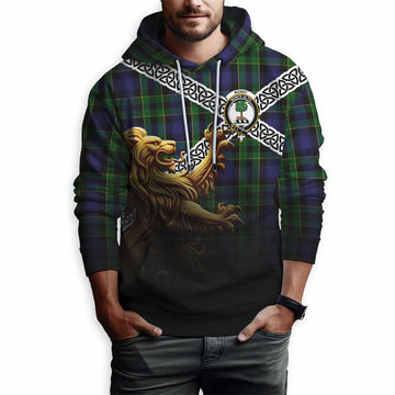 Tartan Vibes Clothing Mowat Crest Tartan Hoodie with Golden Lion Emblem Celtic Style