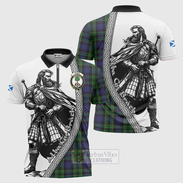 Mowat Tartan Clan Crest Zipper Polo Shirt with Highlander Warrior Celtic Style Unisex - Tartan Vibes Clothing