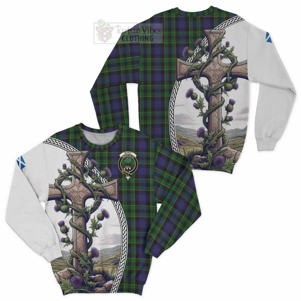 Mowat Tartan Sweatshirt with Family Crest and St. Andrew's Cross Accented by Thistle Vines Unisex - Tartan Vibes Clothing