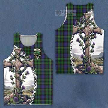 Mowat Tartan Men's Tank Top with Family Crest and St. Andrew's Cross Accented by Thistle Vines Men - Tartan Vibes Clothing