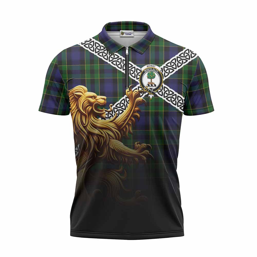 Mowat Crest Tartan Zipper Polo Shirt with Golden Lion Emblem Celtic Style Unisex - Tartan Vibes Clothing