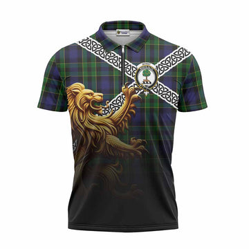 Mowat Crest Tartan Zipper Polo Shirt with Golden Lion Emblem Celtic Style Unisex - Tartan Vibes Clothing