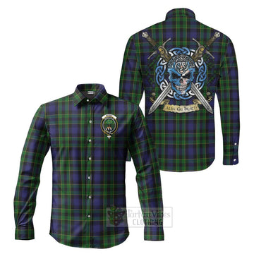 Mowat Tartan Long Sleeve Button Shirt with Family Crest Celtic Skull Style Men's Shirt S - Tartan Vibes Clothing