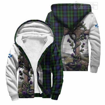 Mowat Tartan Sherpa Hoodie with Family Crest and St. Andrew's Cross Accented by Thistle Vines Unisex S - Tartan Vibes Clothing