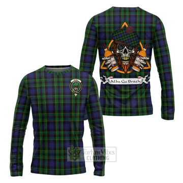 Mowat Tartan Long Sleeve T-Shirt with Family Crest and Bearded Skull Holding Bottles of Whiskey Unisex - Tartan Vibes Clothing