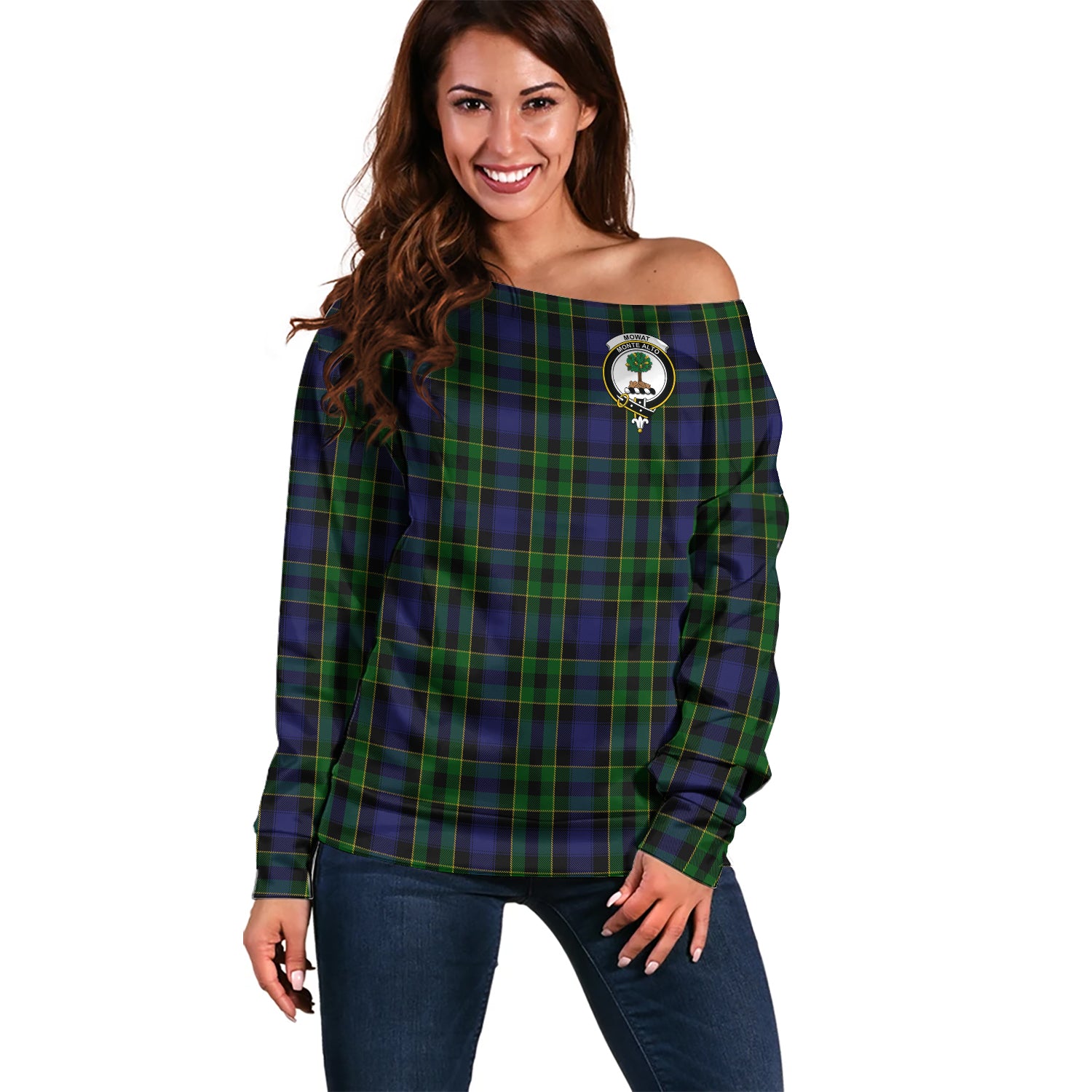 Mowat Tartan Off Shoulder Women Sweater with Family Crest Women - Tartan Vibes Clothing