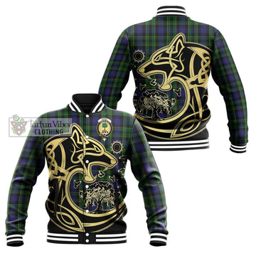 Mowat Tartan Baseball Jacket with Family Crest Celtic Wolf Style Unisex - Tartan Vibes Clothing