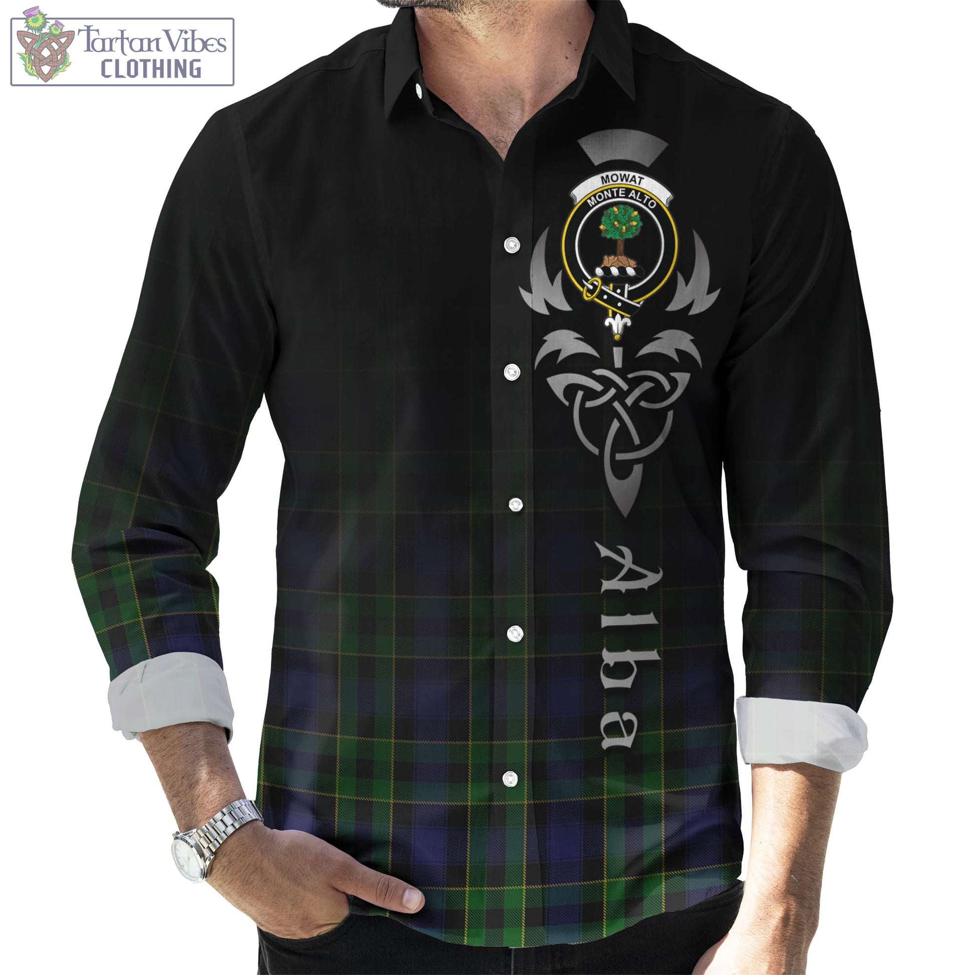 Mowat Tartan Long Sleeve Button Up Featuring Alba Gu Brath Family Crest Celtic Inspired Men's Shirt - Tartan Vibes Clothing