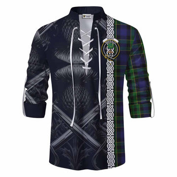 Mowat Tartan Ghillie Kilt Shirt with Family Crest Cross Sword Thistle Celtic Vibes Men - Tartan Vibes Clothing