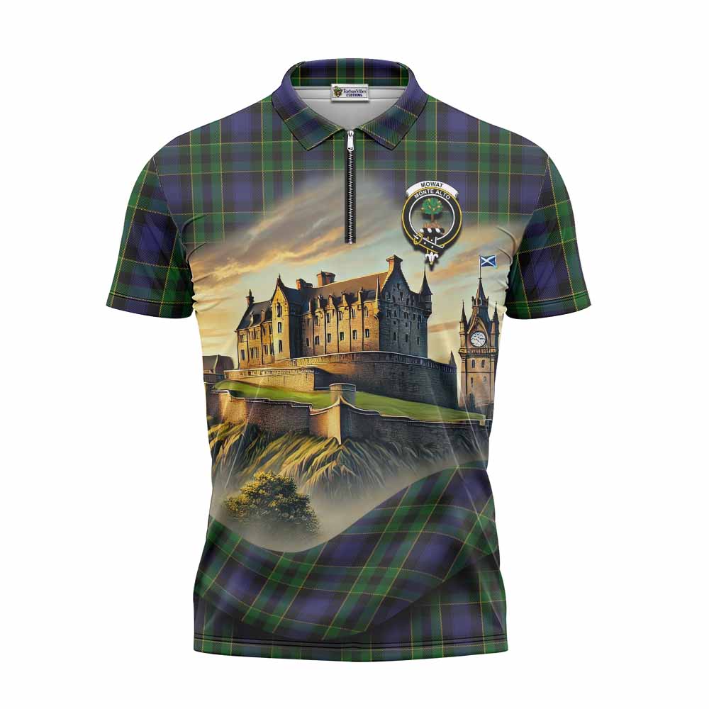 Mowat Tartan Family Crest Zipper Polo Shirt with Scottish Ancient Castle Style Unisex - Tartan Vibes Clothing