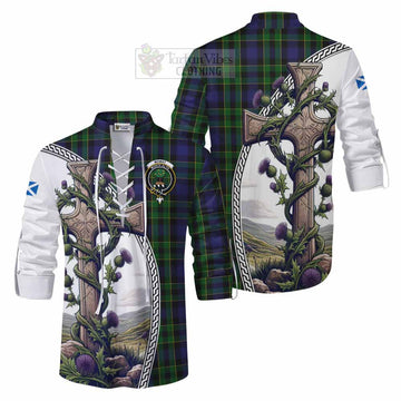 Mowat Tartan Ghillie Kilt Shirt with Family Crest and St. Andrew's Cross Accented by Thistle Vines Men - Tartan Vibes Clothing