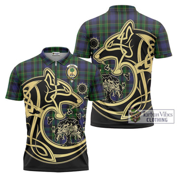 Mowat Tartan Zipper Polo Shirt with Family Crest Celtic Wolf Style Unisex - Tartan Vibes Clothing