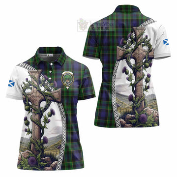 Mowat Tartan Women's Polo Shirt with Family Crest and St. Andrew's Cross Accented by Thistle Vines Women - Tartan Vibes Clothing