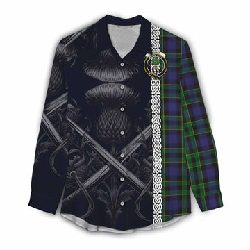 Mowat Tartan Women's Casual Shirt with Family Crest Cross Sword Thistle Celtic Vibes Female - Tartan Vibes Clothing