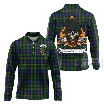 Mowat Tartan Long Sleeve Polo Shirt with Family Crest and Bearded Skull Holding Bottles of Whiskey Unisex - Tartan Vibes Clothing