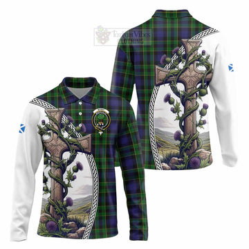 Mowat Tartan Long Sleeve Polo Shirt with Family Crest and St. Andrew's Cross Accented by Thistle Vines Unisex - Tartan Vibes Clothing
