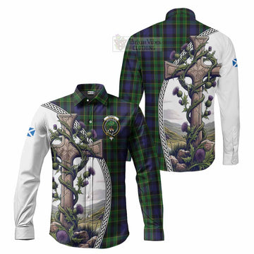 Mowat Tartan Long Sleeve Button Shirt with Family Crest and St. Andrew's Cross Accented by Thistle Vines Men's Shirt S - Tartan Vibes Clothing