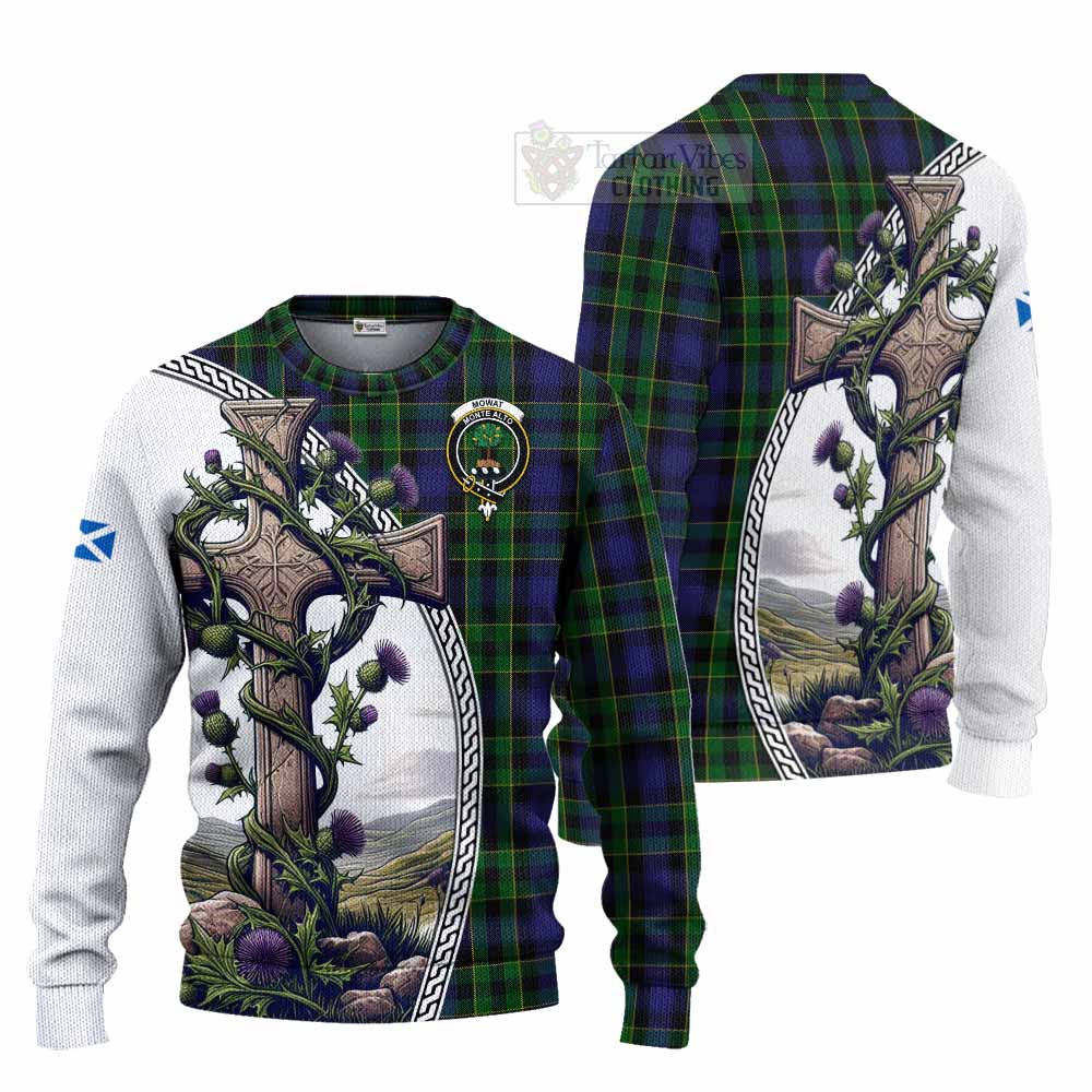Mowat Tartan Knitted Sweater with Family Crest and St. Andrew's Cross Accented by Thistle Vines Unisex - Tartan Vibes Clothing