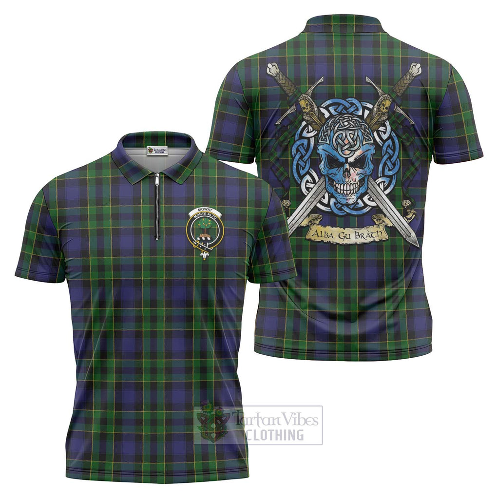 Mowat Tartan Zipper Polo Shirt with Family Crest Celtic Skull Style Unisex - Tartan Vibes Clothing