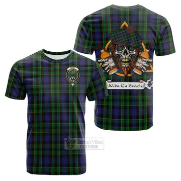 Mowat Tartan Cotton T-shirt with Family Crest and Bearded Skull Holding Bottles of Whiskey Kid's Shirt - Tartan Vibes Clothing