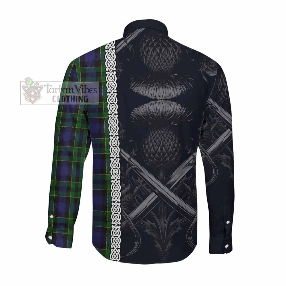 Tartan Vibes Clothing Mowat Tartan Long Sleeve Button Shirt with Family Crest Cross Sword Thistle Celtic Vibes