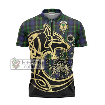 Mowat Tartan Zipper Polo Shirt with Family Crest Celtic Wolf Style - Tartan Vibes Clothing