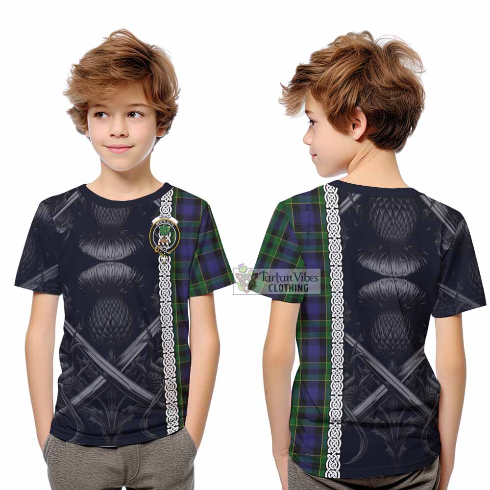 Mowat Tartan Kid T-Shirt with Family Crest Cross Sword Thistle Celtic Vibes - Tartan Vibes Clothing