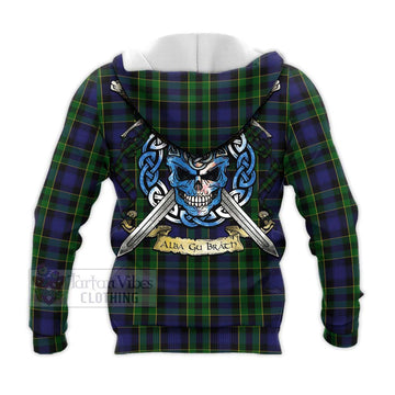 Mowat Tartan Knitted Hoodie with Family Crest Celtic Skull Style - Tartan Vibes Clothing