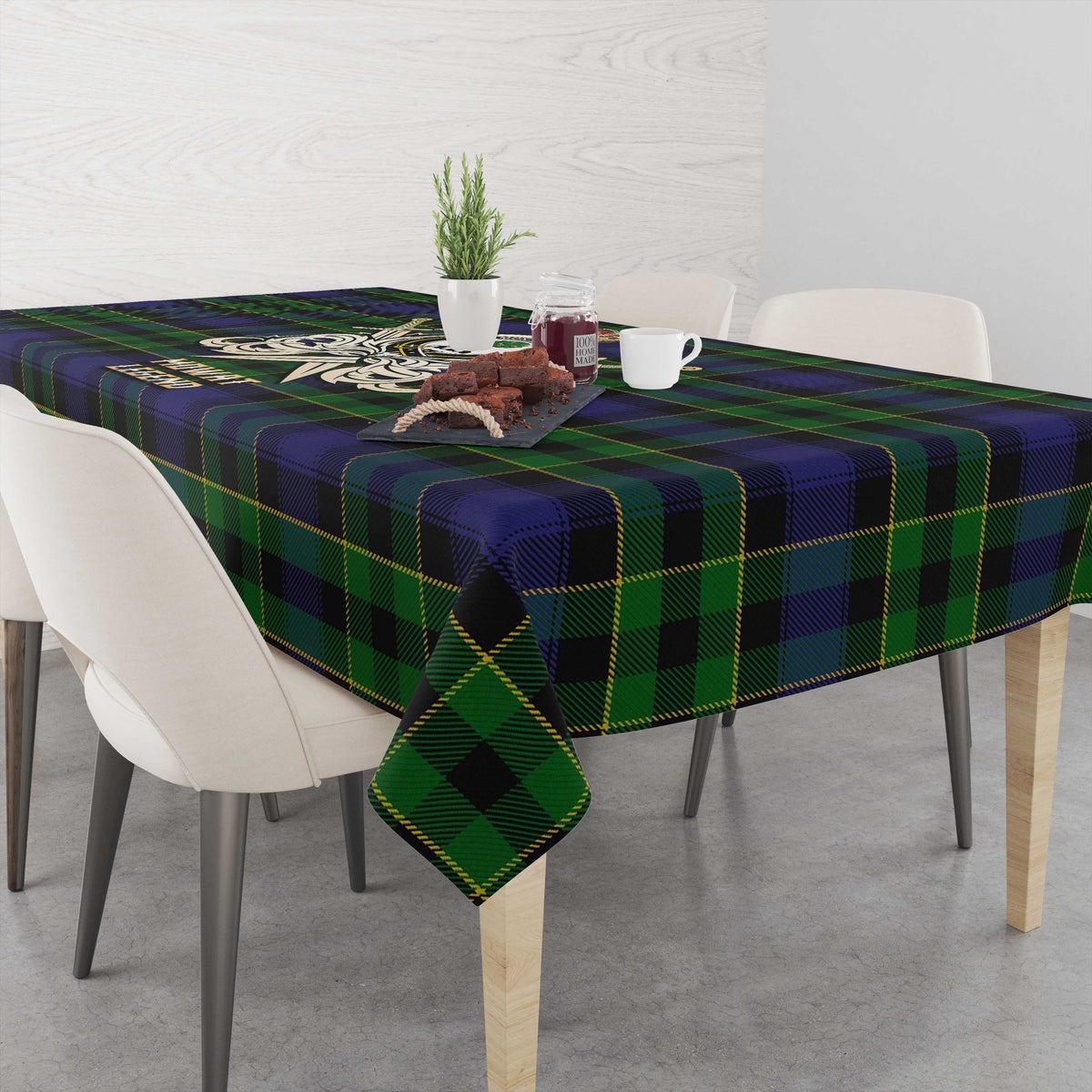 Mowat Tartan Tablecloth with Clan Crest and the Golden Sword of Courageous Legacy - Tartan Vibes Clothing