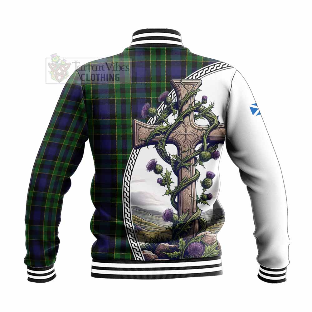Mowat Tartan Baseball Jacket with Family Crest and St. Andrew's Cross Accented by Thistle Vines - Tartan Vibes Clothing