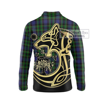 Mowat Tartan Long Sleeve Polo Shirt with Family Crest Celtic Wolf Style - Tartan Vibes Clothing