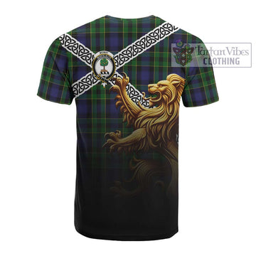 Mowat Crest Tartan Cotton T-shirt with Golden Lion Emblem Celtic Style - Tartan Vibes Clothing