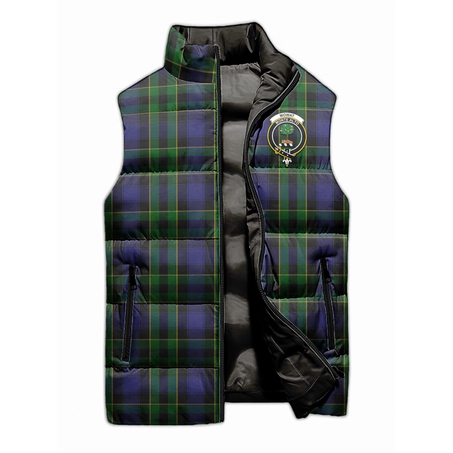 Mowat Tartan Sleeveless Puffer Jacket with Family Crest - Tartanvibesclothing