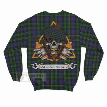 Mowat Tartan Sweatshirt with Family Crest and Bearded Skull Holding Bottles of Whiskey - Tartan Vibes Clothing