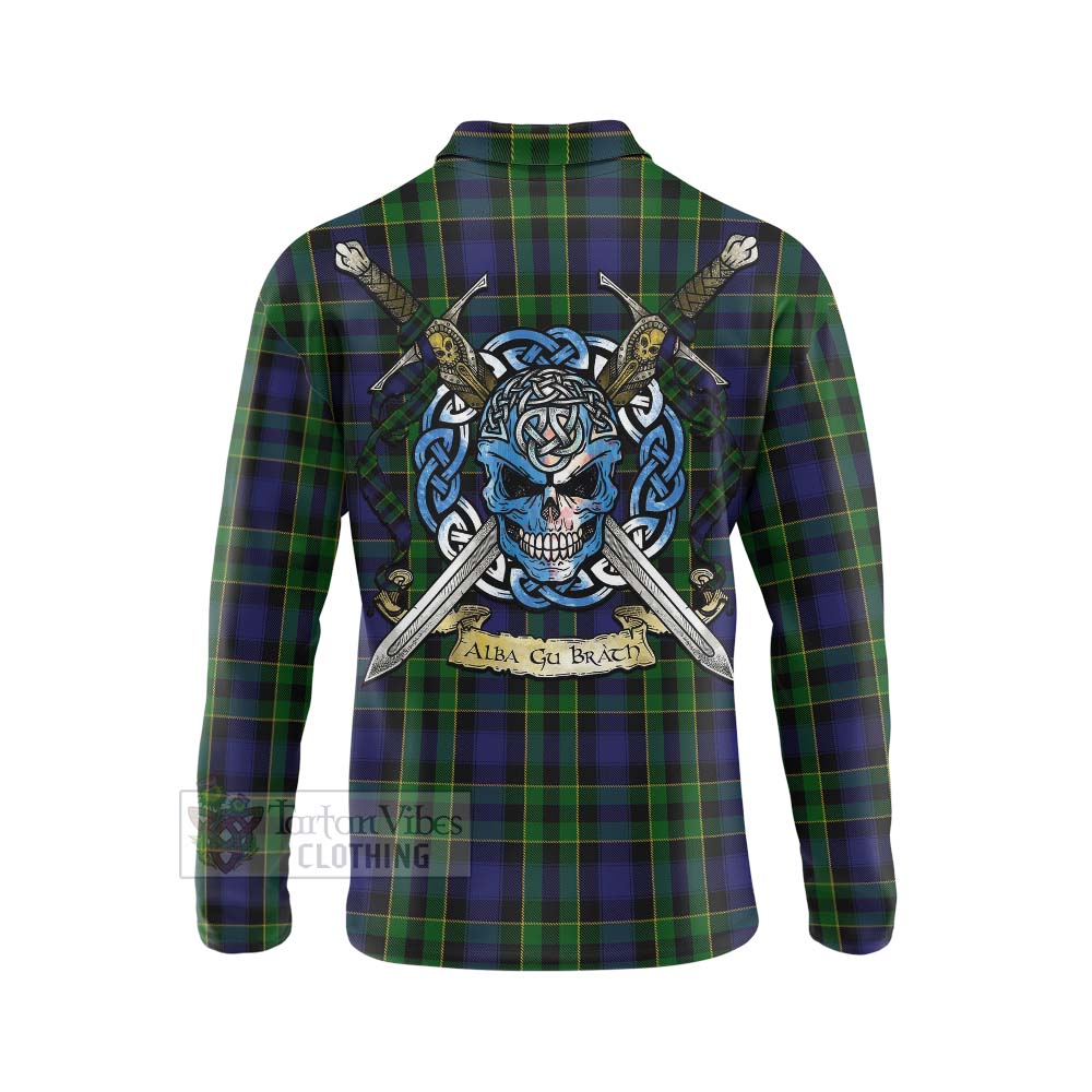 Mowat Tartan Long Sleeve Polo Shirt with Family Crest Celtic Skull Style - Tartan Vibes Clothing