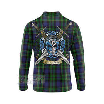 Mowat Tartan Long Sleeve Polo Shirt with Family Crest Celtic Skull Style - Tartan Vibes Clothing