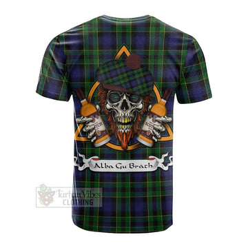 Mowat Tartan Cotton T-shirt with Family Crest and Bearded Skull Holding Bottles of Whiskey - Tartan Vibes Clothing