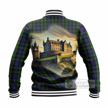 Mowat Tartan Family Crest Baseball Jacket with Scottish Ancient Castle Style - Tartan Vibes Clothing
