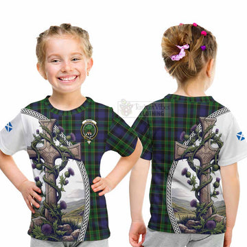 Mowat Tartan Kid T-Shirt with Family Crest and St. Andrew's Cross Accented by Thistle Vines - Tartan Vibes Clothing