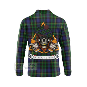 Mowat Tartan Long Sleeve Polo Shirt with Family Crest and Bearded Skull Holding Bottles of Whiskey - Tartan Vibes Clothing