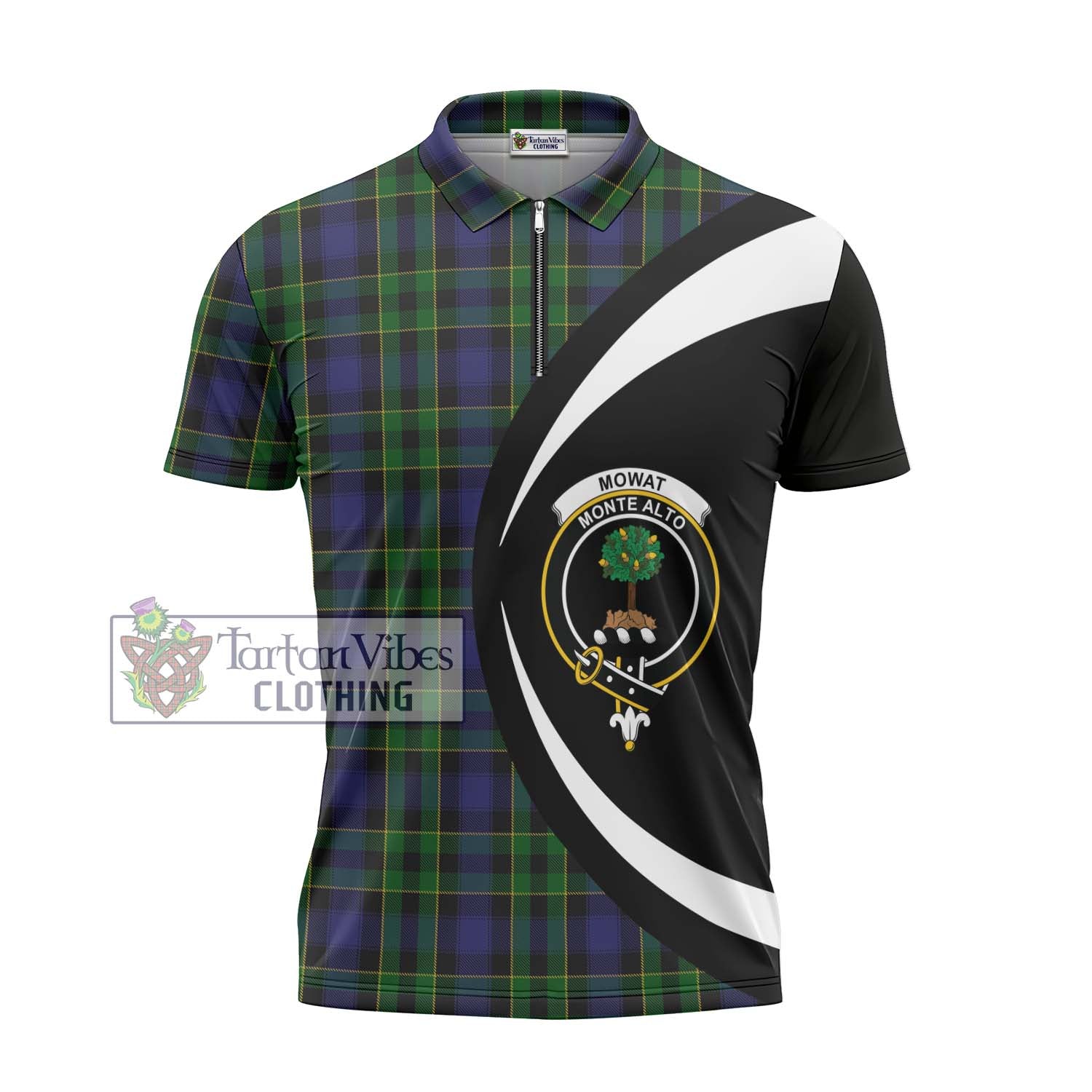 Mowat Tartan Zipper Polo Shirt with Family Crest Circle Style - Tartan Vibes Clothing
