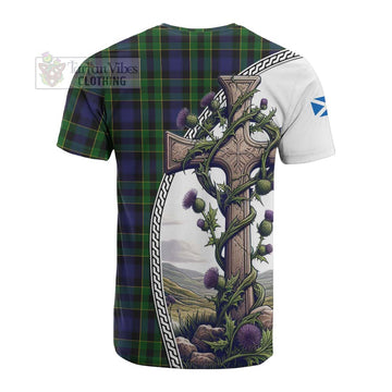 Mowat Tartan Cotton T-shirt with Family Crest and St. Andrew's Cross Accented by Thistle Vines - Tartan Vibes Clothing